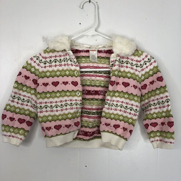 Gymboree Cardigan Detachable Fur Collar Heart Heavy Knit Love Striped Girls 3T - Picture 1 of 6
